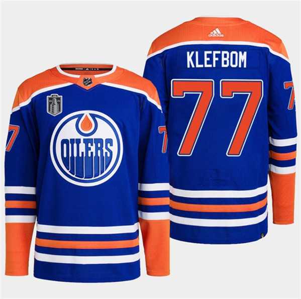 Men%27s Edmonton Oilers #77 Oscar Klefbom Royal 2024 Stanley Cup Final Patch Stitched Jersey Dzhi